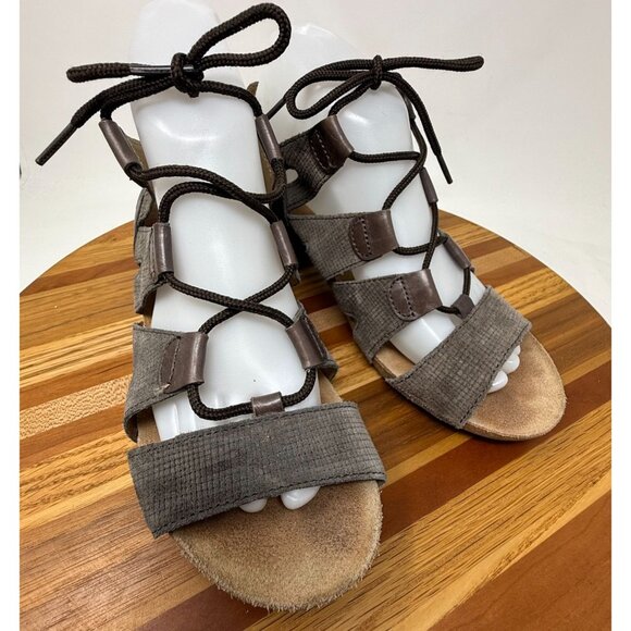 Josef Seibel Womens Size 38 / 7.5 Brown Strappy Lace-Up Sandals Block Heel Textu - Picture 1 of 10